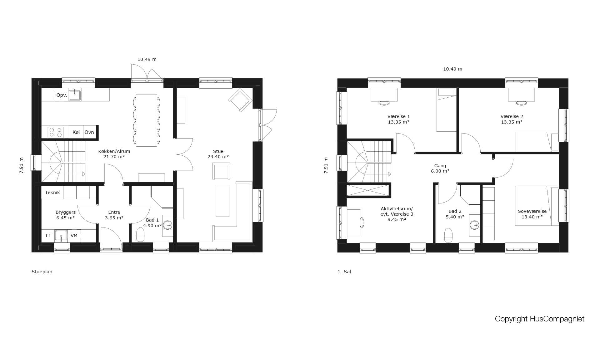Plantegning fra HusCompagniet: Dette hus er opført med to børneværelser plus soveværelse og mulighed for at indrette åbent kontor. Bemærk også en suite indretningen i køkken/alrum og stue. 