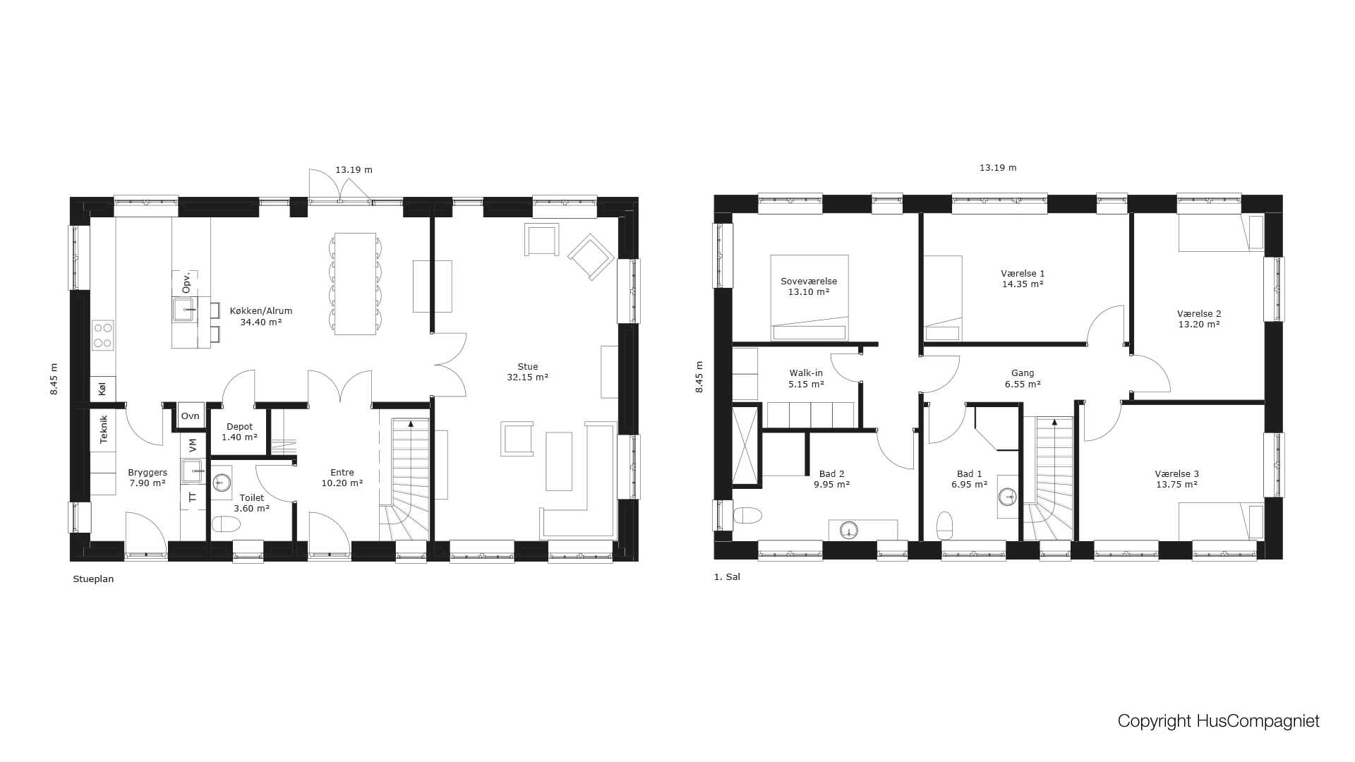 Vores planløsninger kan tilpasses som det passer dig. Her er god inspiration til et stort 2-plans hus med tre børneværelser plus soveværelse med walk in closet. 
Bemærk også at førstesalen helt og holdent er forbeholdt sove- og badeværelser.