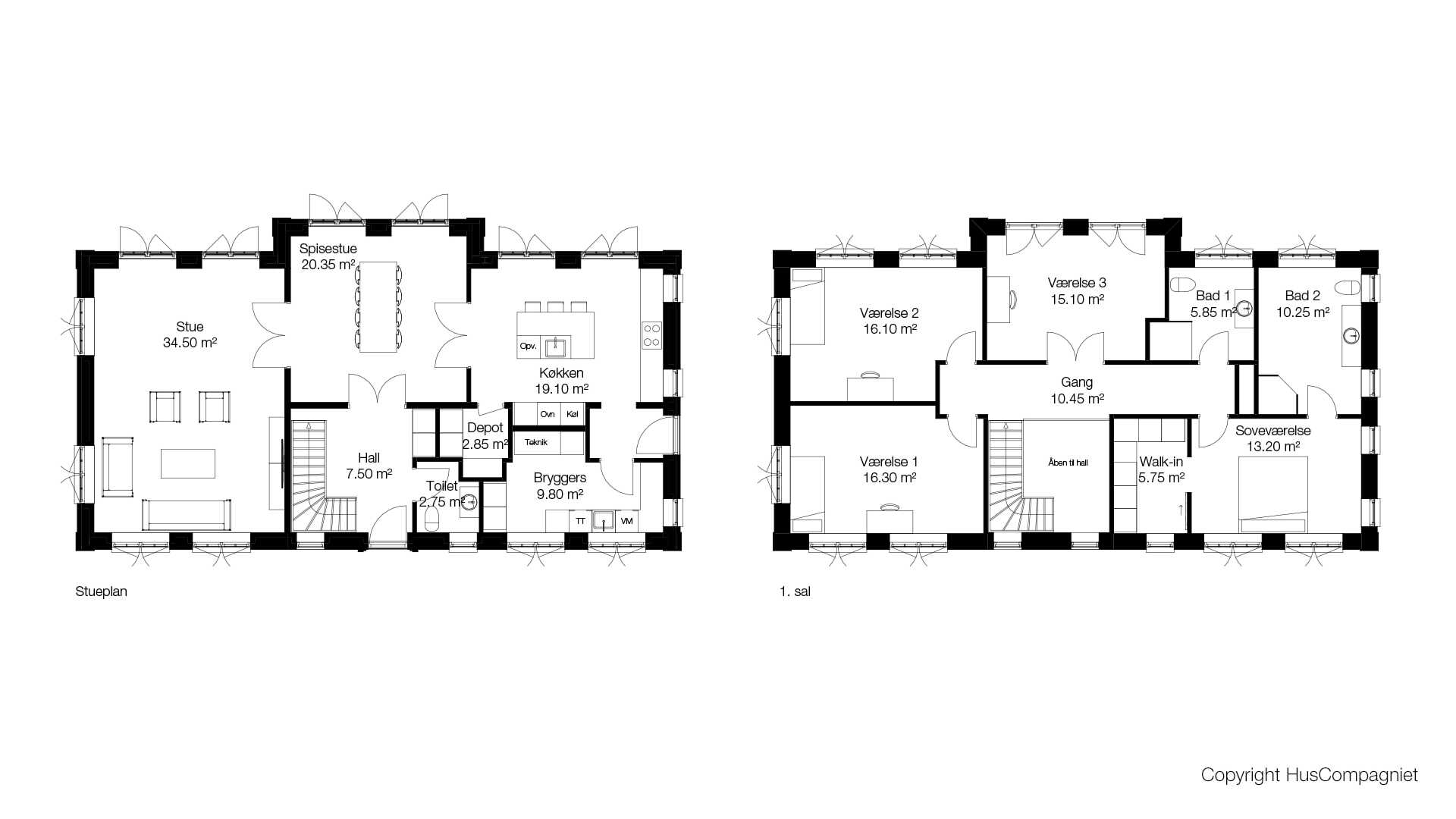 Indret helt som det passer jer, eller lad jer inspirere af dette 251 kvm 2-plans hus. Huset er indrettet med tre børneværelser plus forældreafdeling. Bemærk indretningen med stor separat spisestue placeret midt i huset. 