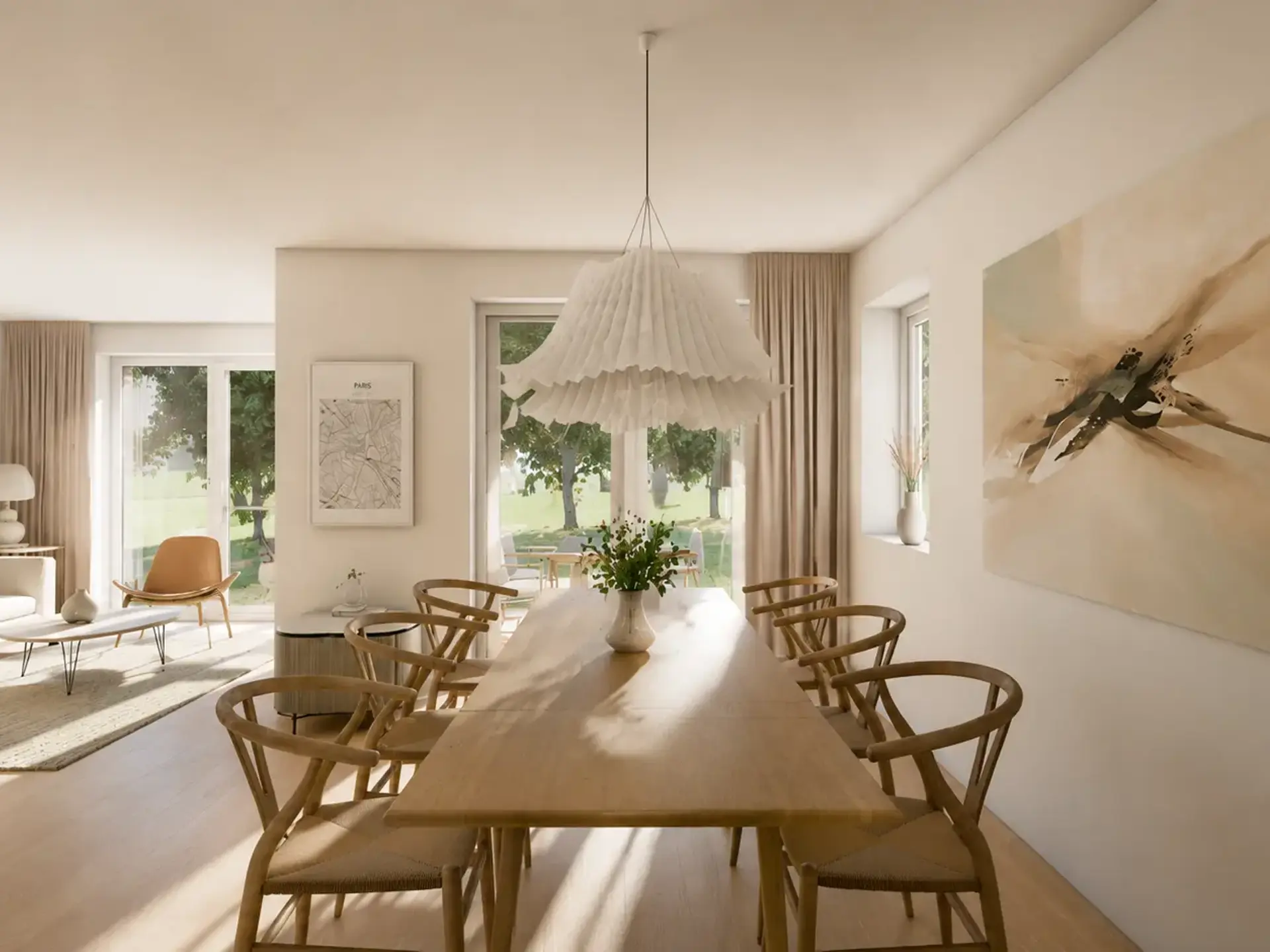 Visualisering af spiseplads fra gårdhavehusprojektet Hareholm